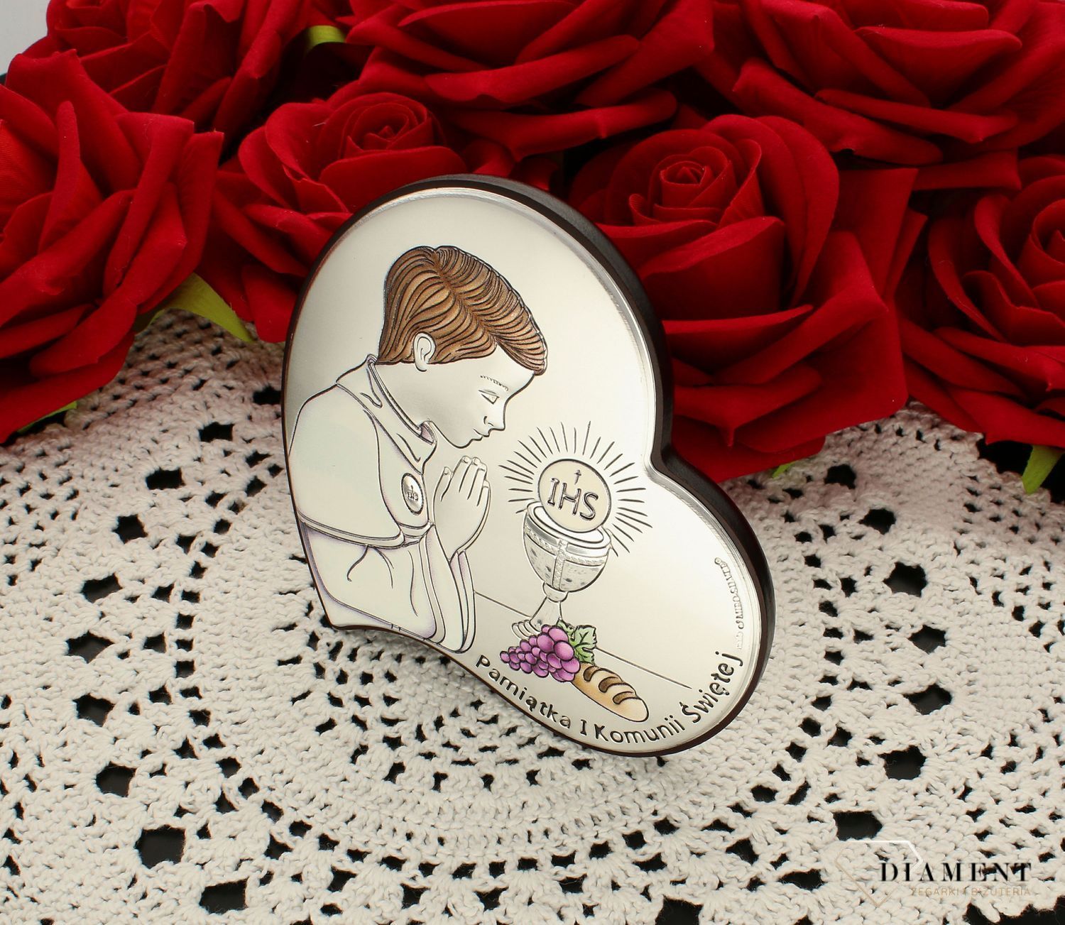 Obrazek srebrny Pierwsza Komunia Święta dla chłopca kolorowy 6747.2 COL. Prezent na komunie dla chłopca. Pamiątka I komunii świętej. Obrazek na rocznicę komuni. Obrazek srebrny z grawerem dla chłopca.jpg